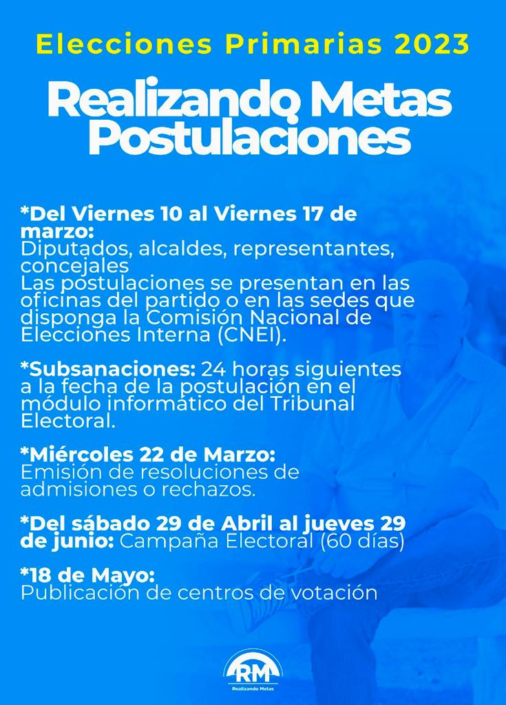 Fechas para postulaciones de elecciones primarias del partido "RM