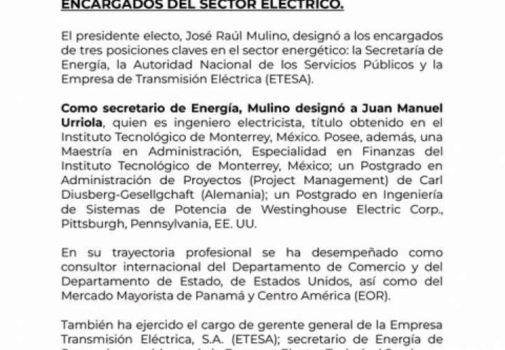 Mulino designa a encargados de ASEP, ETESA y Secretaría de Energía