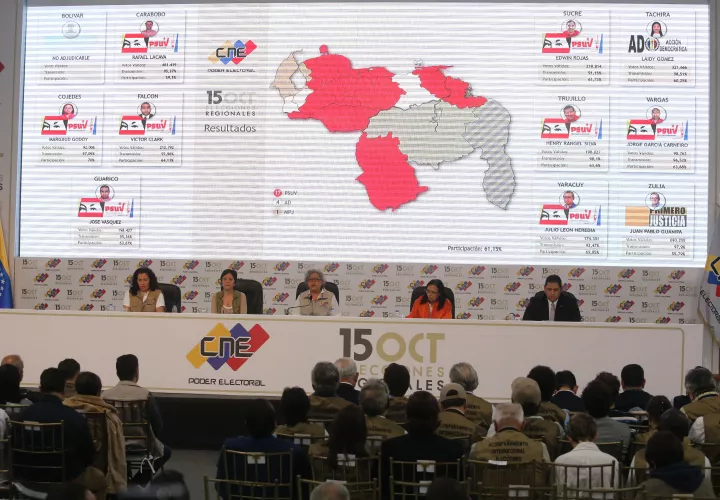 Rectores del Consejo Nacional Electoral (CNE), Tania D&#039; Amelio, Sandra Oblitas, la presidenta Tibisay Lucena, Socorro Hernández y Luis Emilio Rondón, mientras participan en el anuncio de resultados oficiales de las elecciones regionales en Caracas. EFE