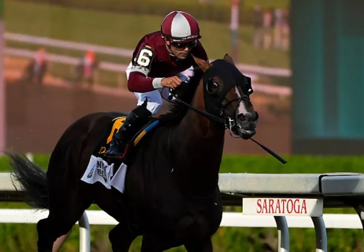 El jinete panameño Luis Sáez, con el ejemplar ‘Dornoch’, en los metros finales del Belmont Stakes. 